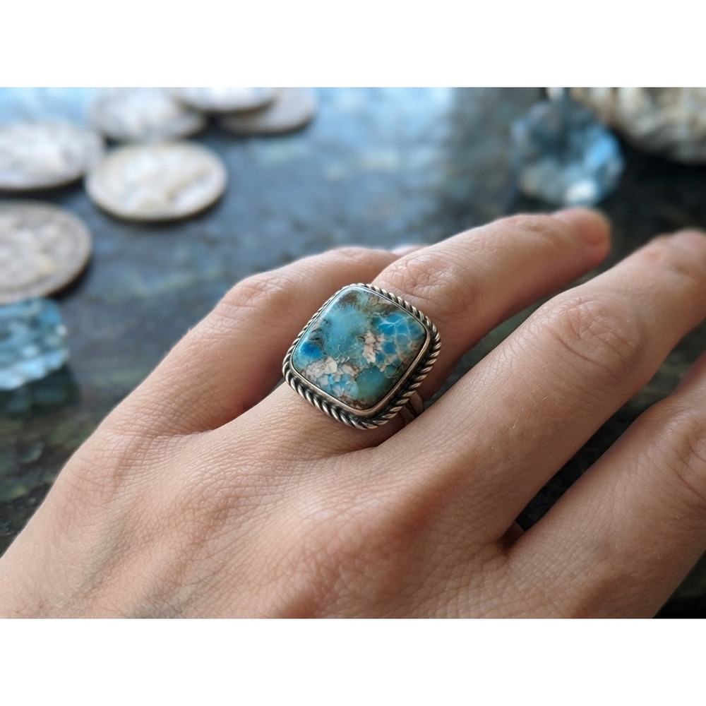 Compressed Turquoise Slab Ring Sterling Silver Square Jewelry Size 7US